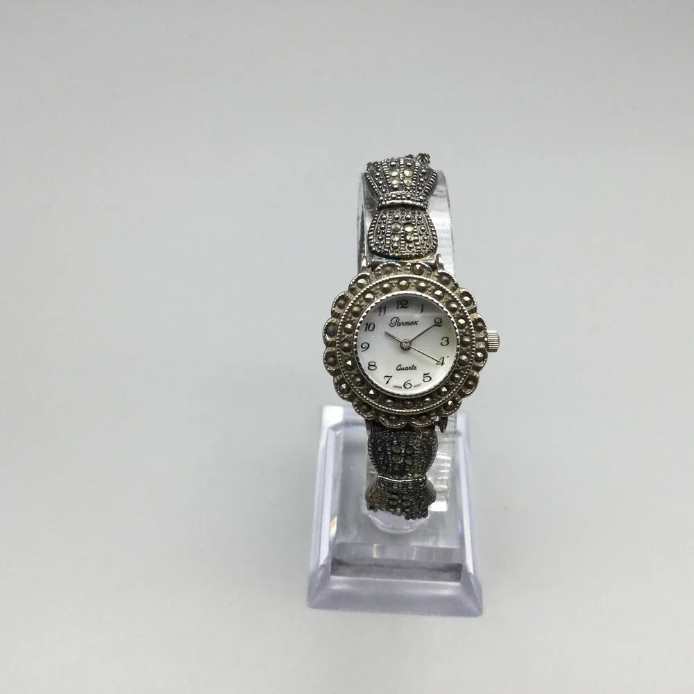 Pamex Womens Watch 26mm Silver Tone Marcasite MOP Dial New Battery 6.5